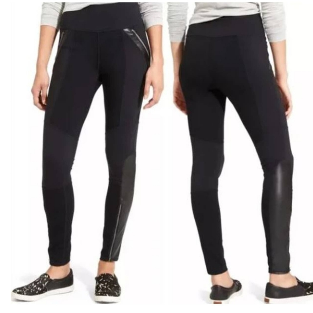 Athleta Women’s Ponte Luxe Faux Leather Panel Zipper‎ Black Leggings Small